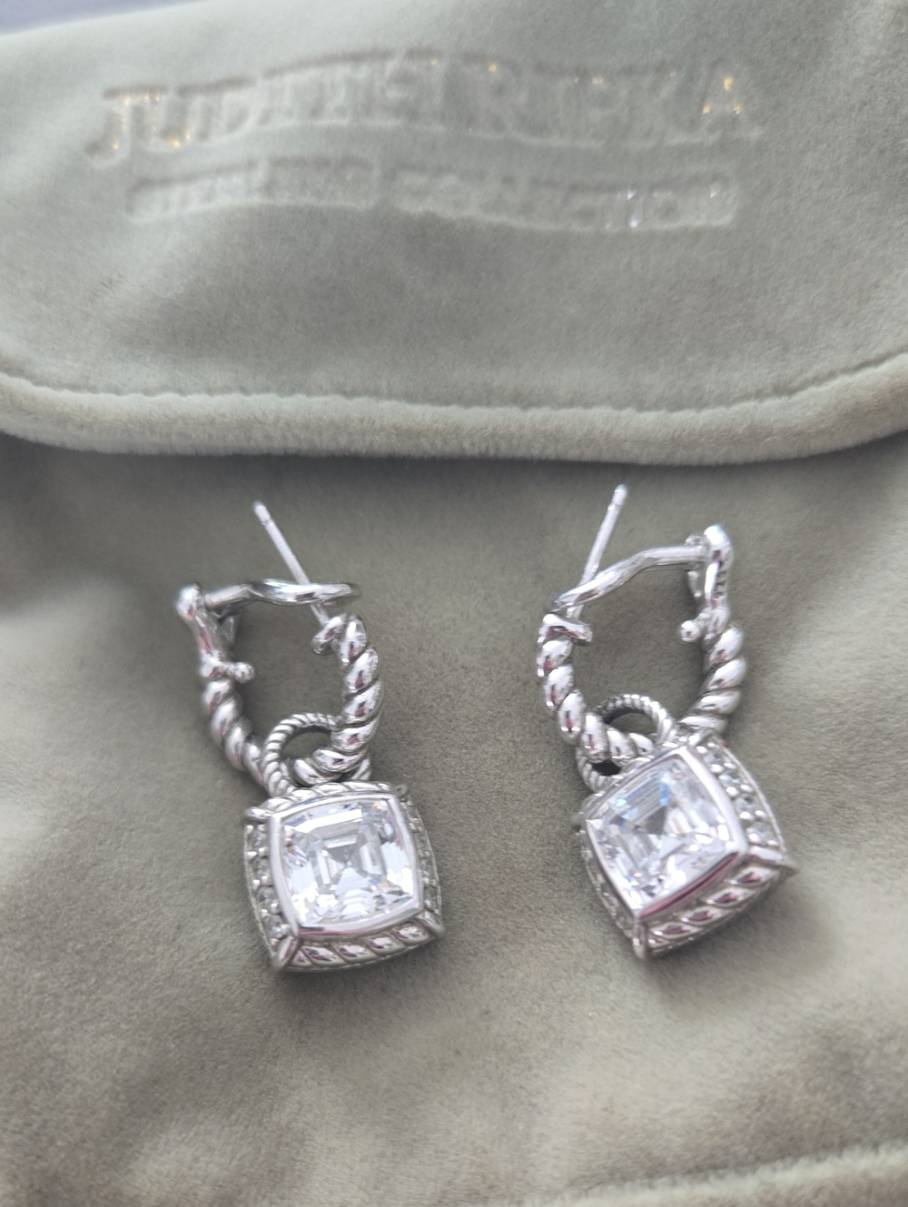 Judith Ripka Silver Twisted Hoop Earrings with Clear Cubic Zirconia